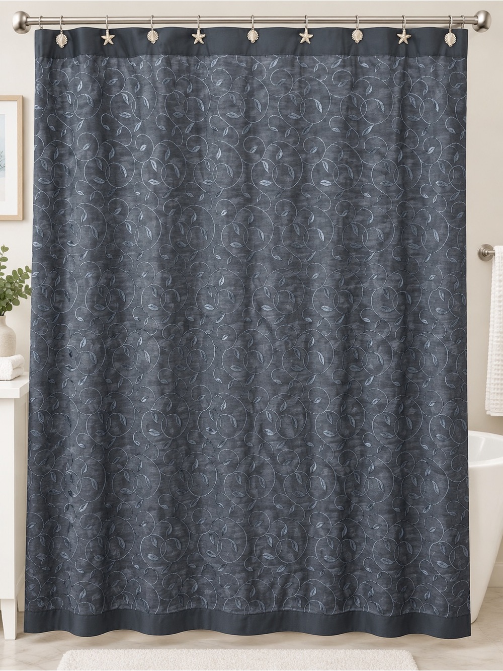 Navy Blue Shower Curtain Floral Vine Scroll Pattern Elegant Bathroom